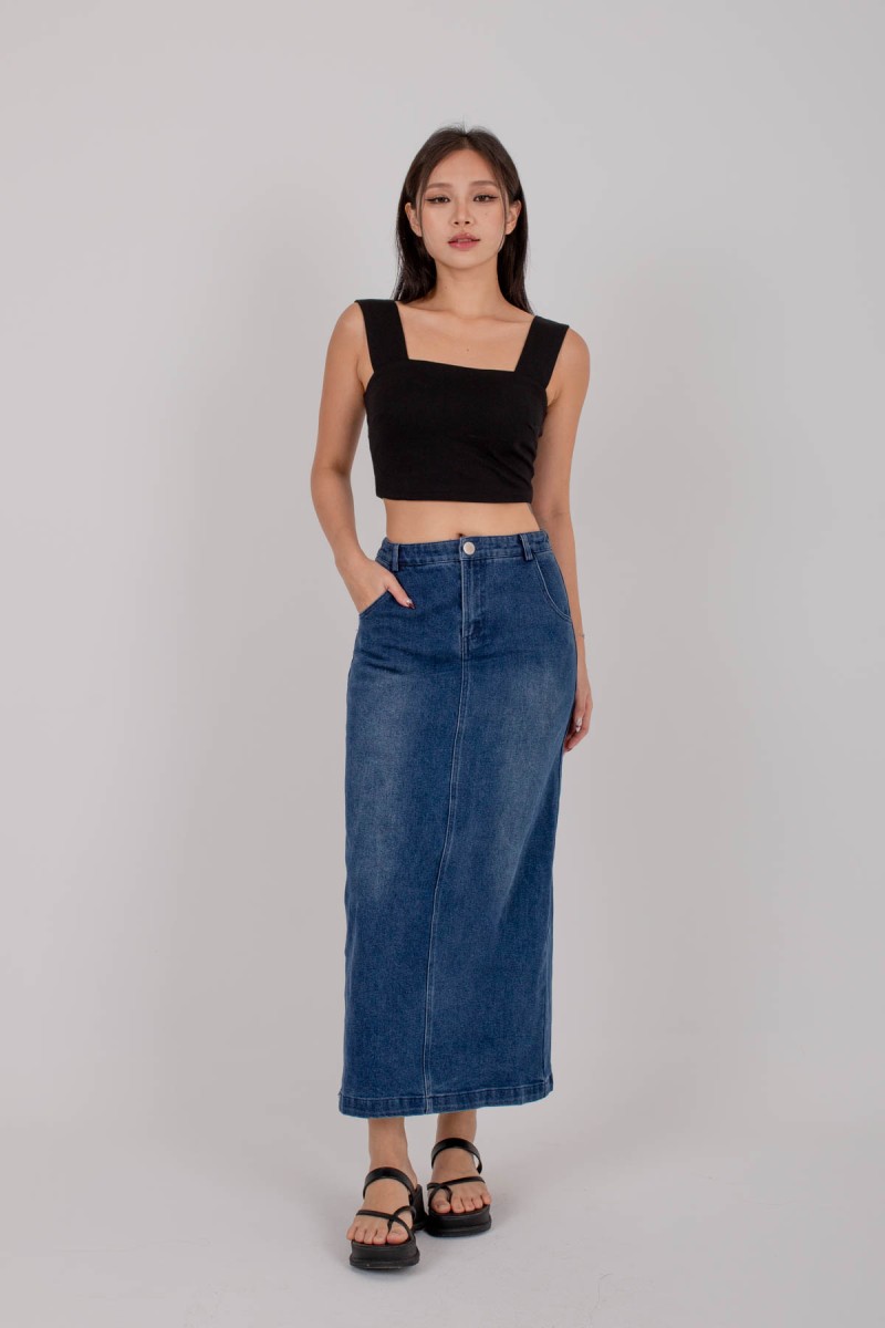 BACKORDERS: Attitude Denim Maxi Skirt in Dark Denim