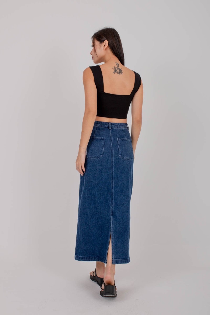 BACKORDERS: Attitude Denim Maxi Skirt in Dark Denim