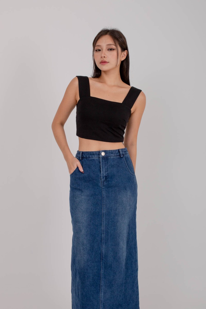 BACKORDERS: Attitude Denim Maxi Skirt in Dark Denim