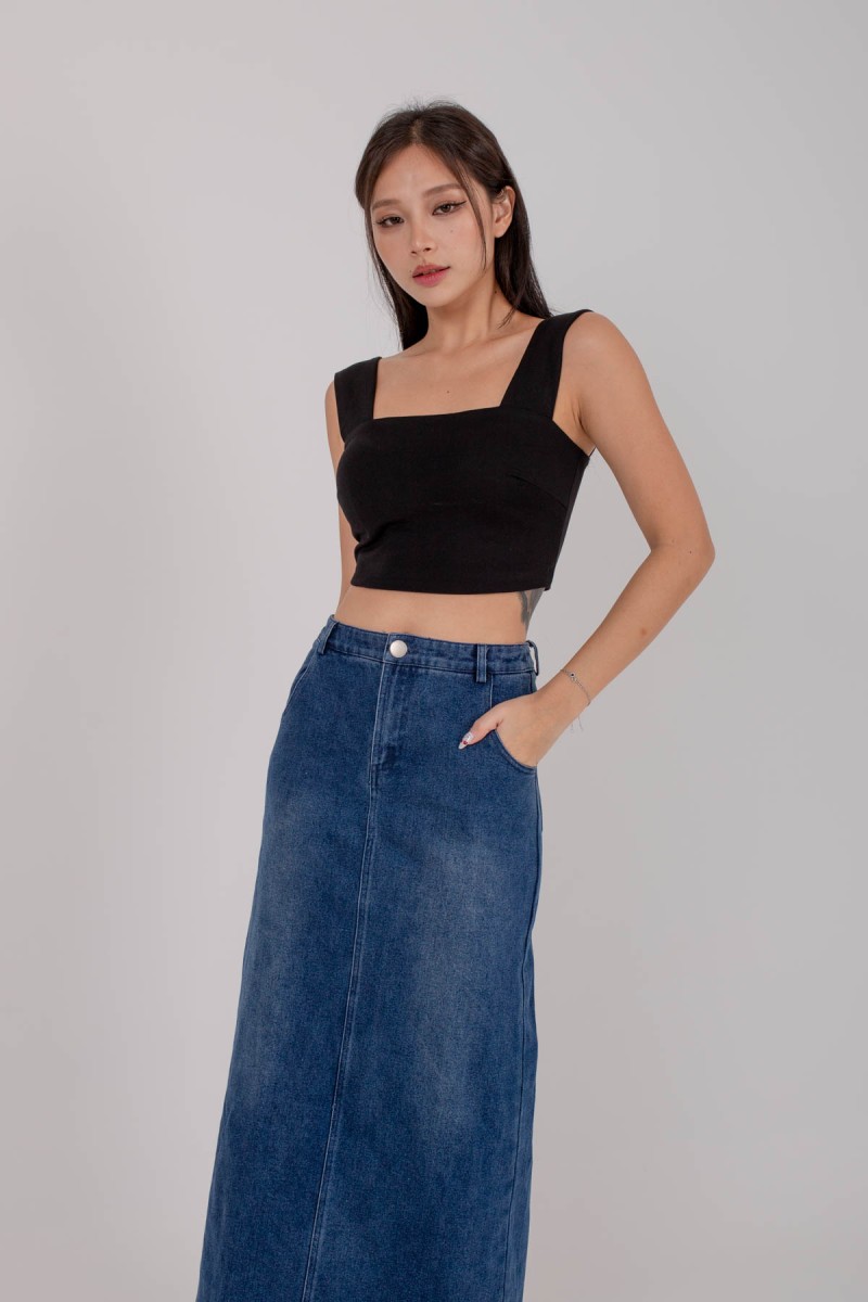 BACKORDERS: Attitude Denim Maxi Skirt in Dark Denim