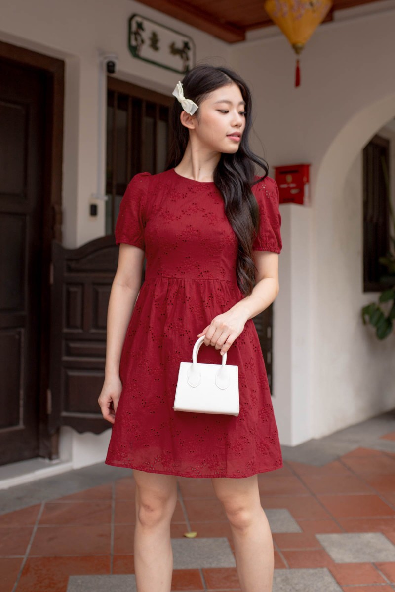 Elanor Sleeved Eyelet Dress in Wine (MY)