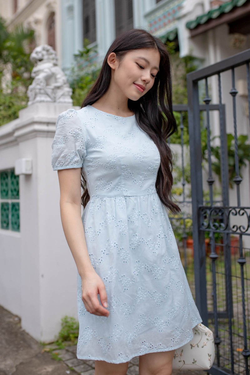 Elanor Sleeved Eyelet Dress in Blue (MY)