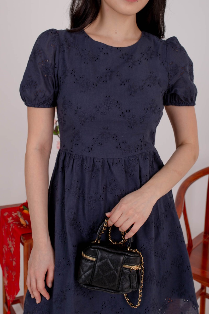 Elanor Sleeved Eyelet Dress in Navy (MY)