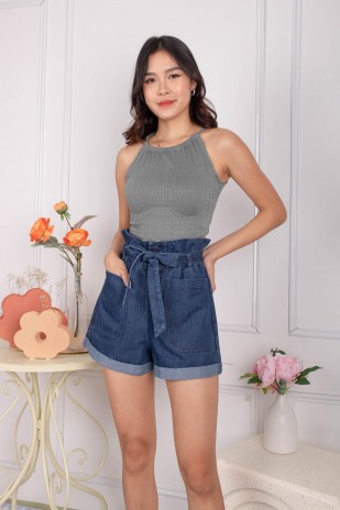 Yanni Tie-Back Halter Knit Top in Gunmetal (MY)