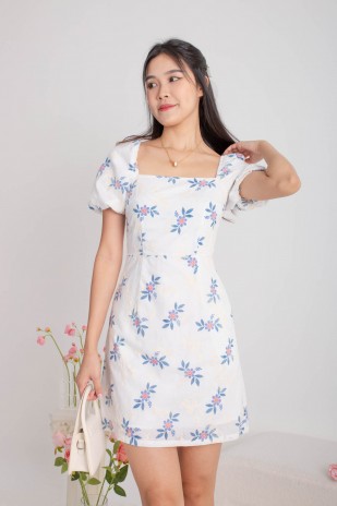 Jadiel Floral Embroidered Puff Dress in Blue (MY)
