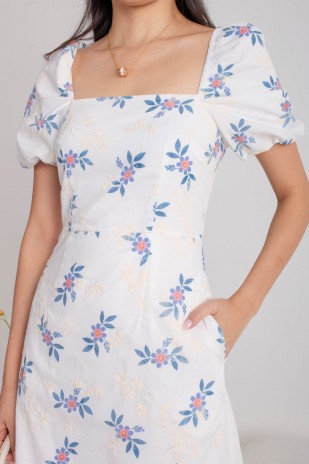 Jadiel Floral Embroidered Puff Dress in Blue (MY)