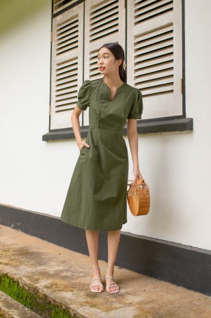 Massie Sleeved Midi Dress in Olive (MY)