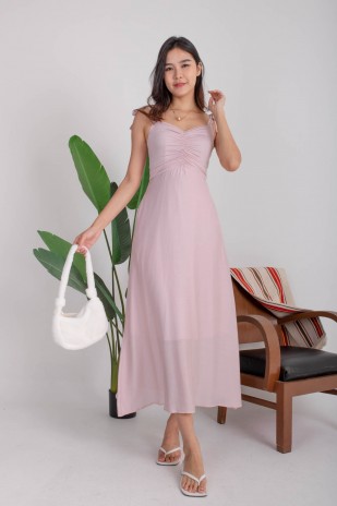 Lenora Tie-Straps Ruched Maxi Dress in Blush (MY)