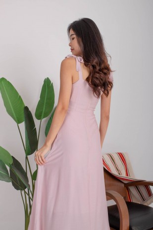 Lenora Tie-Straps Ruched Maxi Dress in Blush (MY)