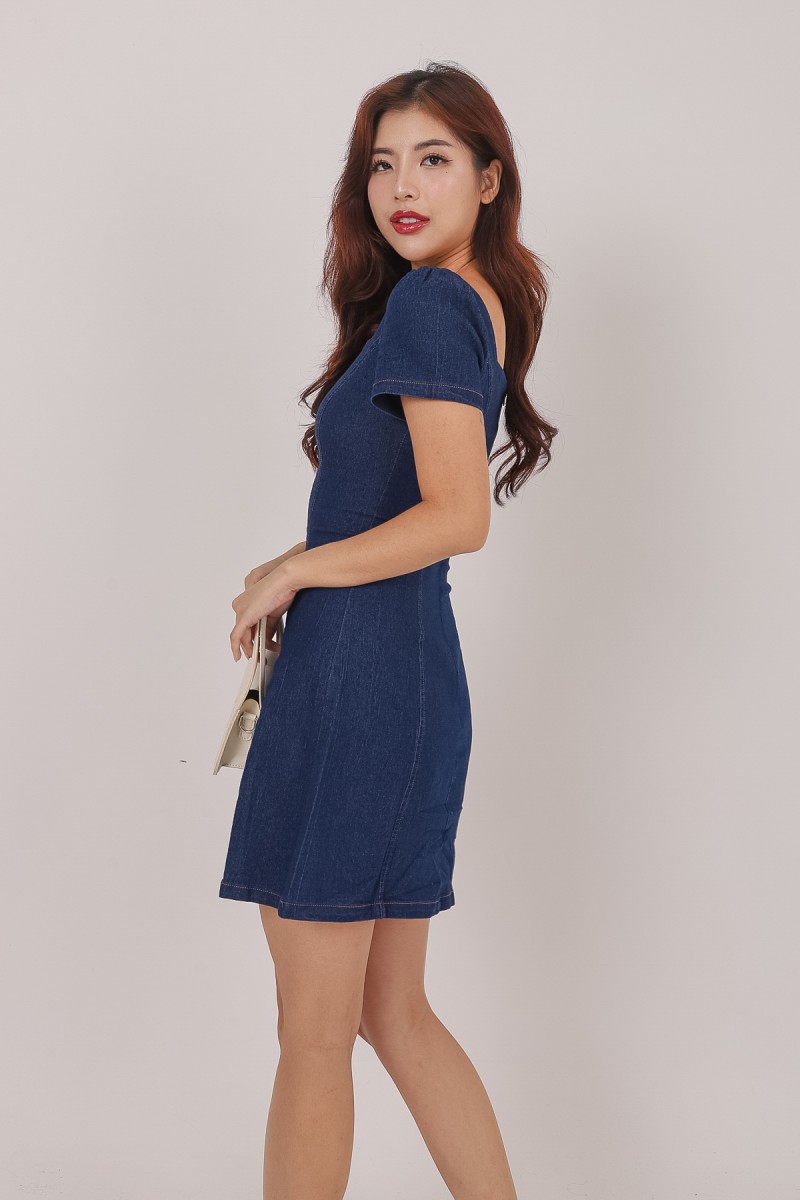 RESTOCK3: Kiki Square Neck Denim Dress in Dark-Wash