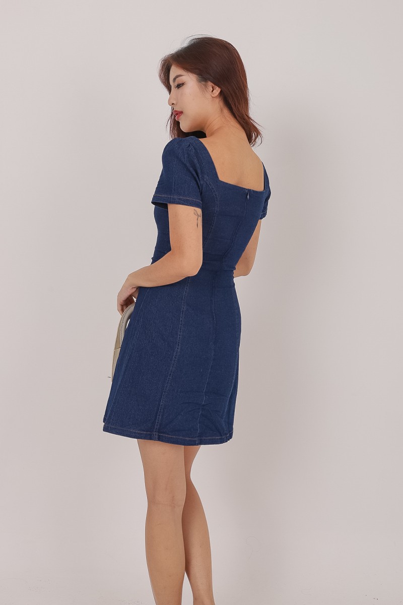 RESTOCK3: Kiki Square Neck Denim Dress in Dark-Wash