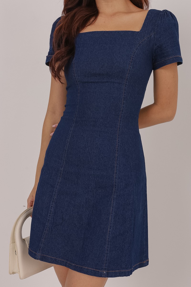 RESTOCK3: Kiki Square Neck Denim Dress in Dark-Wash