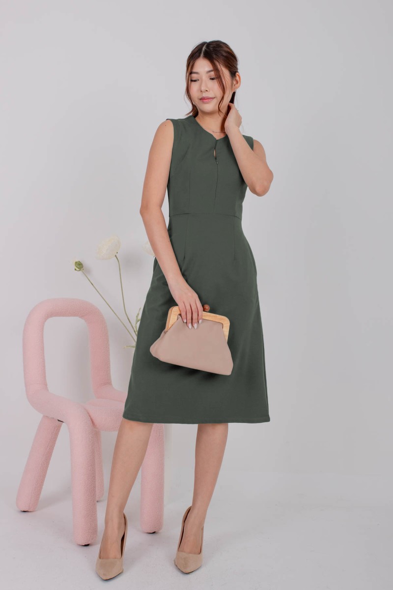 Leland Zip Front Midi Dress in Olive (MY)