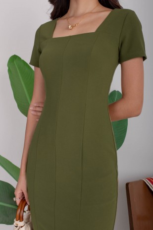 Evander Square-Neck Panel Dress in Olive (MY)