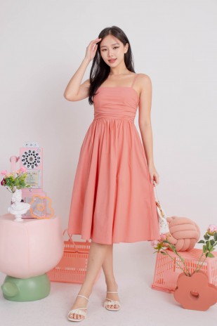 Arbella Ruched Flare Midi Dress in Rose (MY)