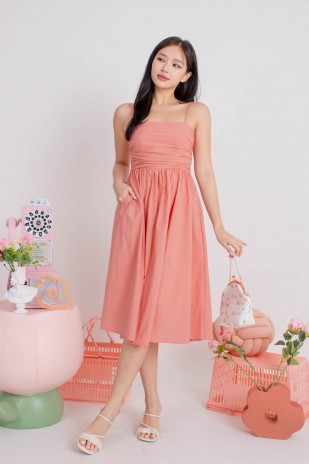 Arbella Ruched Flare Midi Dress in Rose (MY)