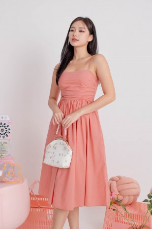 Arbella Ruched Flare Midi Dress in Rose (MY)