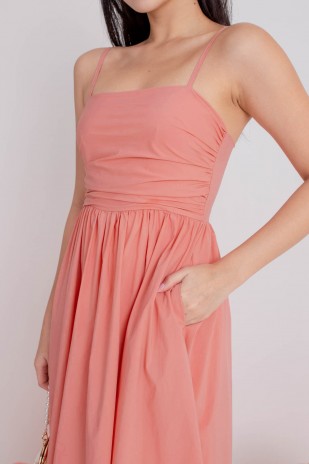 Arbella Ruched Flare Midi Dress in Rose (MY)