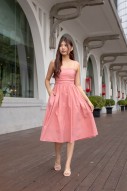 Arbella Ruched Flare Midi Dress in Rose (MY)