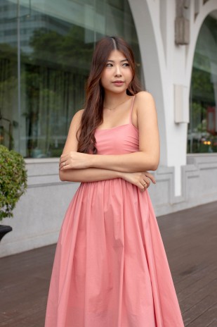 Arbella Ruched Flare Midi Dress in Rose (MY)