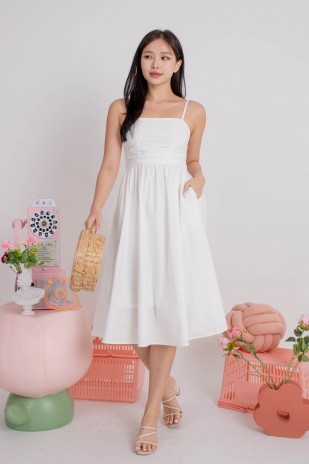 Arbella Ruched Flare Midi Dress in White (MY)