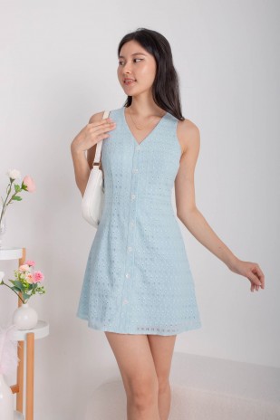 Bollie Broderie V-Neck Button Dress in Blue (MY)