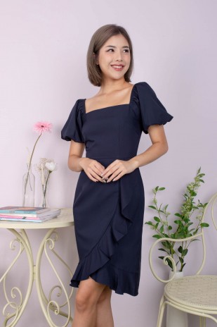 Cyra Square-Neck Puff Dress in Navy (MY)