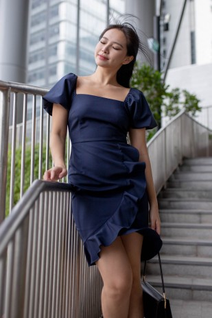 Cyra Square-Neck Puff Dress in Navy (MY)