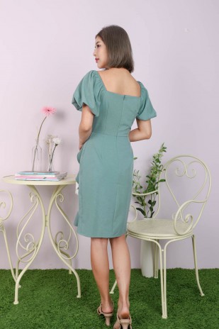 Cyra Square-Neck Puff Dress in Jade (MY)