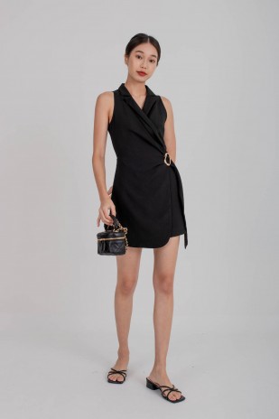 Amias Sash Blazer Romper Dress in Black (MY)