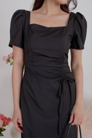 Valane Side Ruched Midi Dress in Black (MY)