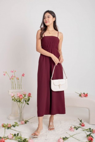 Sonnie Smocked Jumpsuit in Wine (MY)