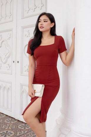 Gianne Square-Neck Slit Dress in Brick (MY)