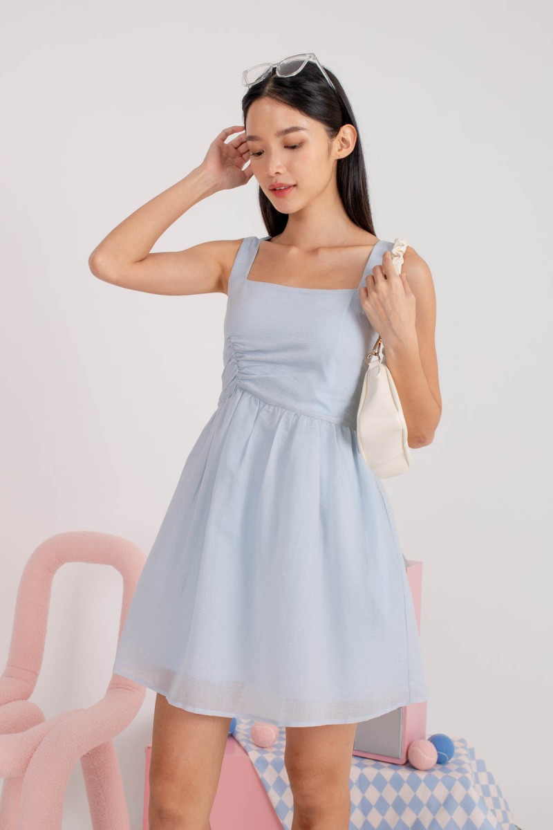 Nidalee Square-Neck Side Ruched Dress in Blue (MY)