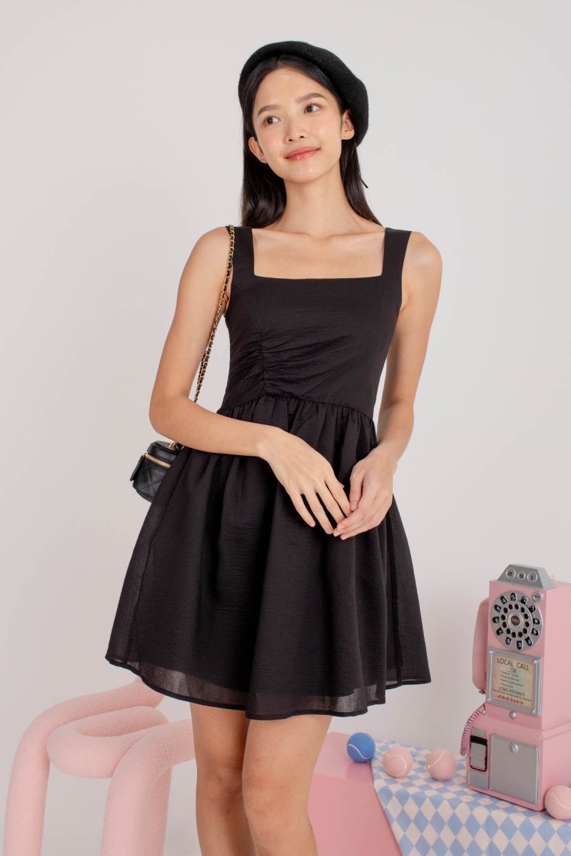 Nidalee Square-Neck Side Ruched Dress in Black (MY)