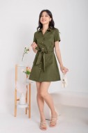 Ridge Collar Button Sash Dress in Olive (MY)