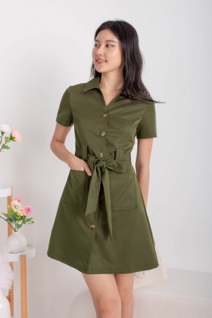 Ridge Collar Button Sash Dress in Olive (MY)