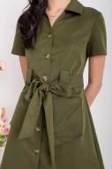 Ridge Collar Button Sash Dress in Olive (MY)