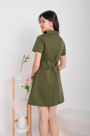 Ridge Collar Button Sash Dress in Olive (MY)