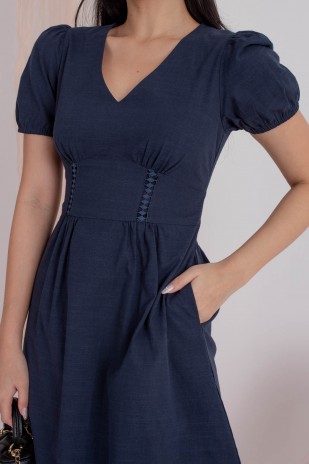 Yalene V-Neck Puff Dress in Navy (MY)