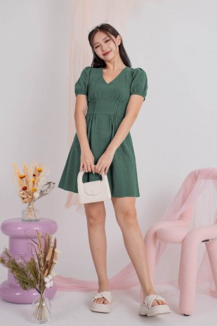 Yalene V-Neck Puff Dress in Fern (MY)