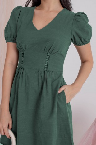 Yalene V-Neck Puff Dress in Fern (MY)