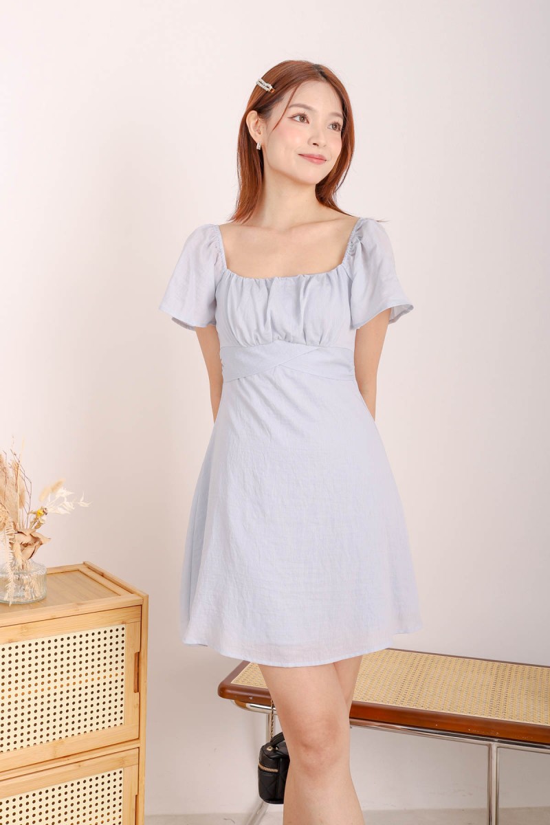 Luna Ruched Flutter Sleeve Dress in Seafoam