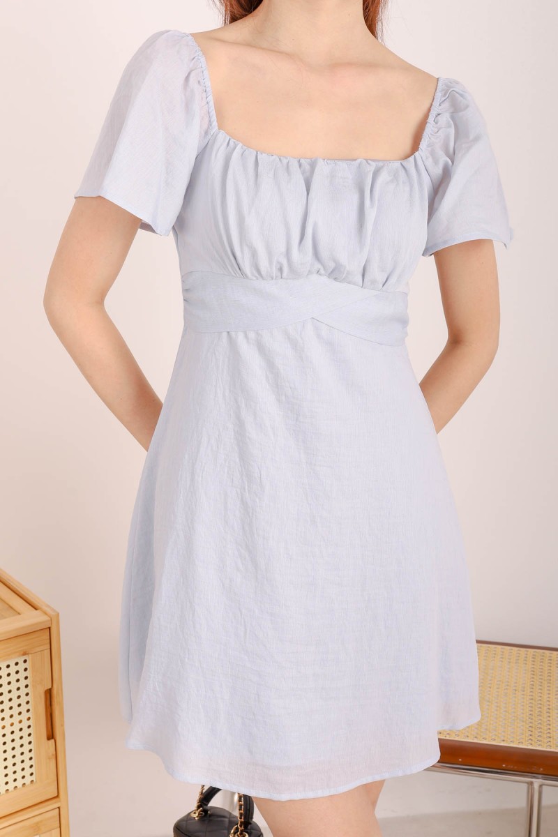 Luna Ruched Flutter Sleeve Dress in Seafoam