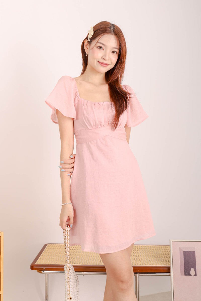 Luna Ruched Flutter Sleeve Dress in Pink