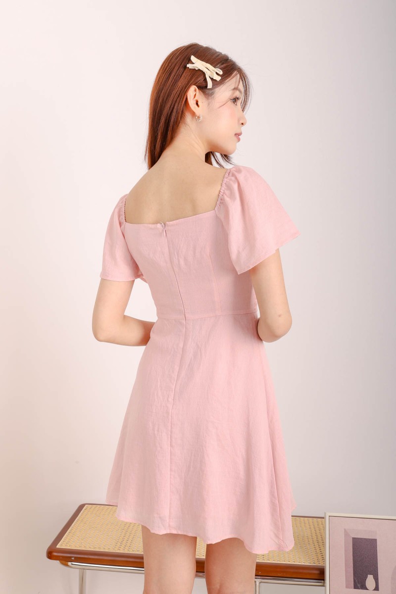 Luna Ruched Flutter Sleeve Dress in Pink