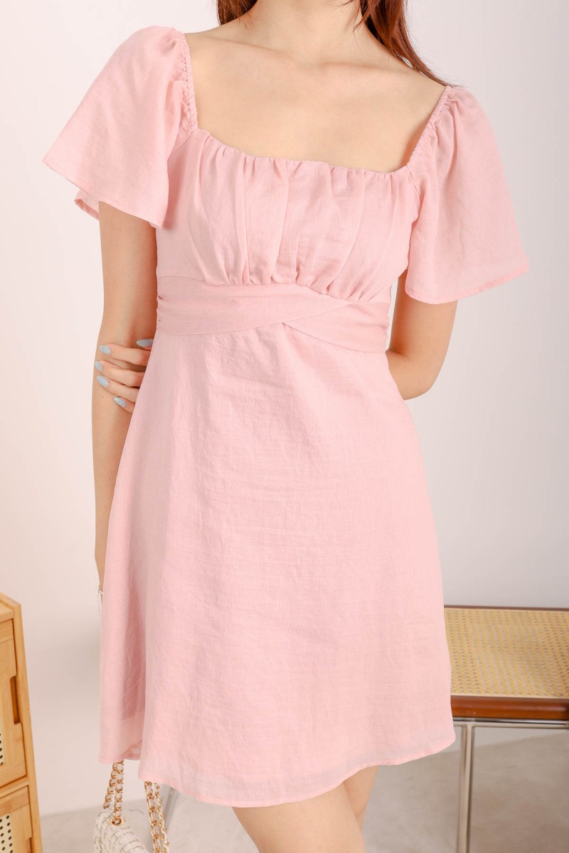 Luna Ruched Flutter Sleeve Dress in Pink