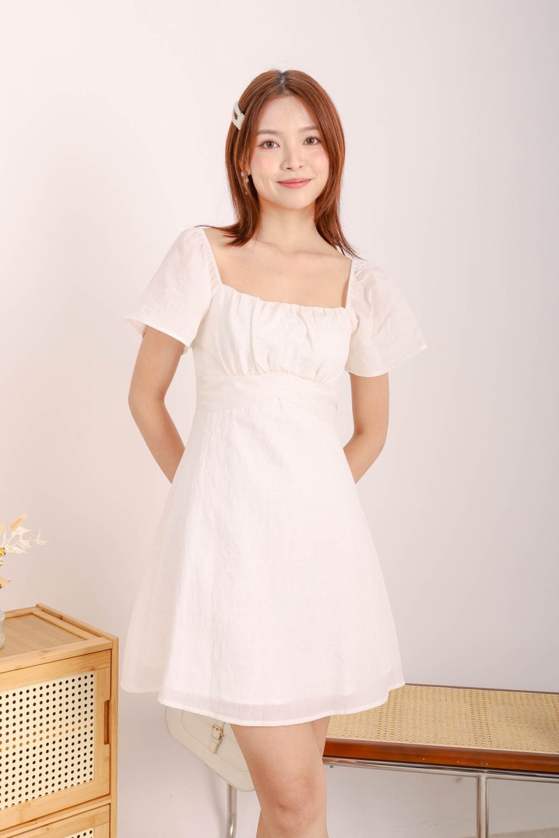 Luna Ruched Flutter Sleeve Dress in Cream