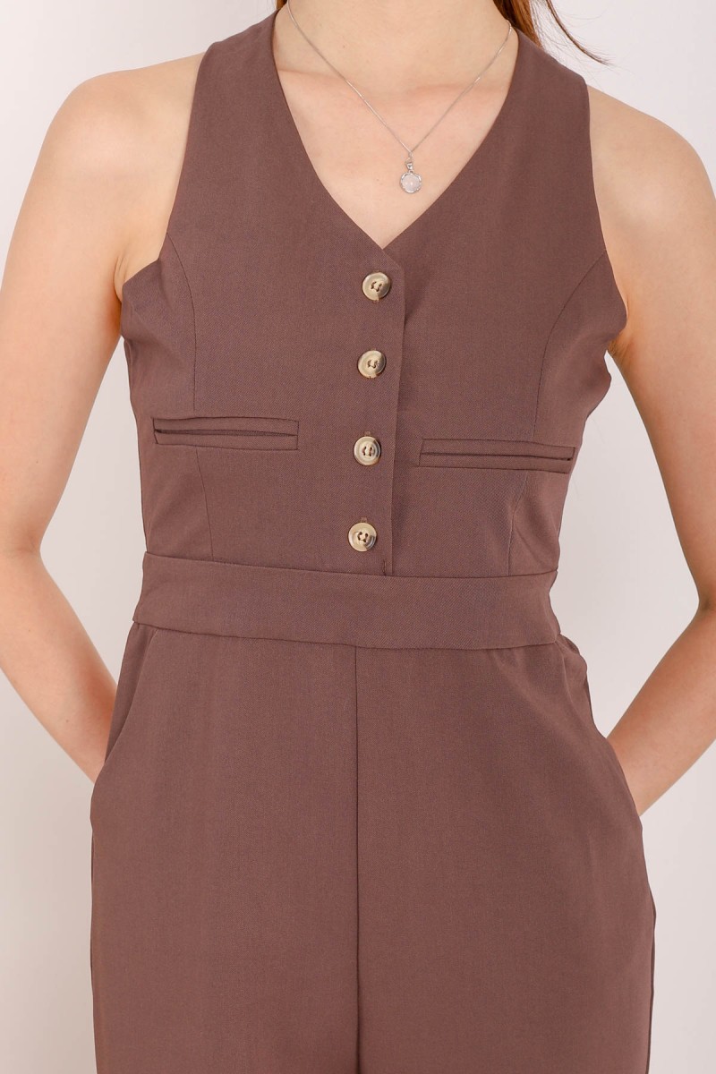 Ember Button Jumpsuit in Mocha