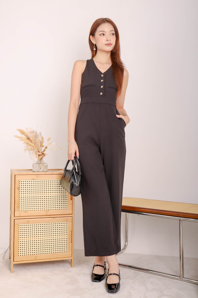 Black button jumpsuit on sale